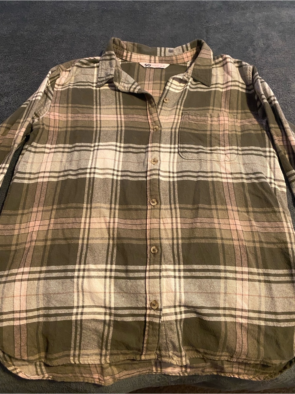 SO Olive Green and Pale Pink Plaid Button-Down Shirt